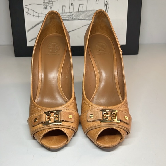 Tory Burch Carnell Royal Tan Leather Peep Toe Cork Wedge Women’s Size 10 M - Picture 3 of 15
